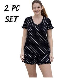 2pc Black white polkadot short sleeve top & shorts pajama set sz small